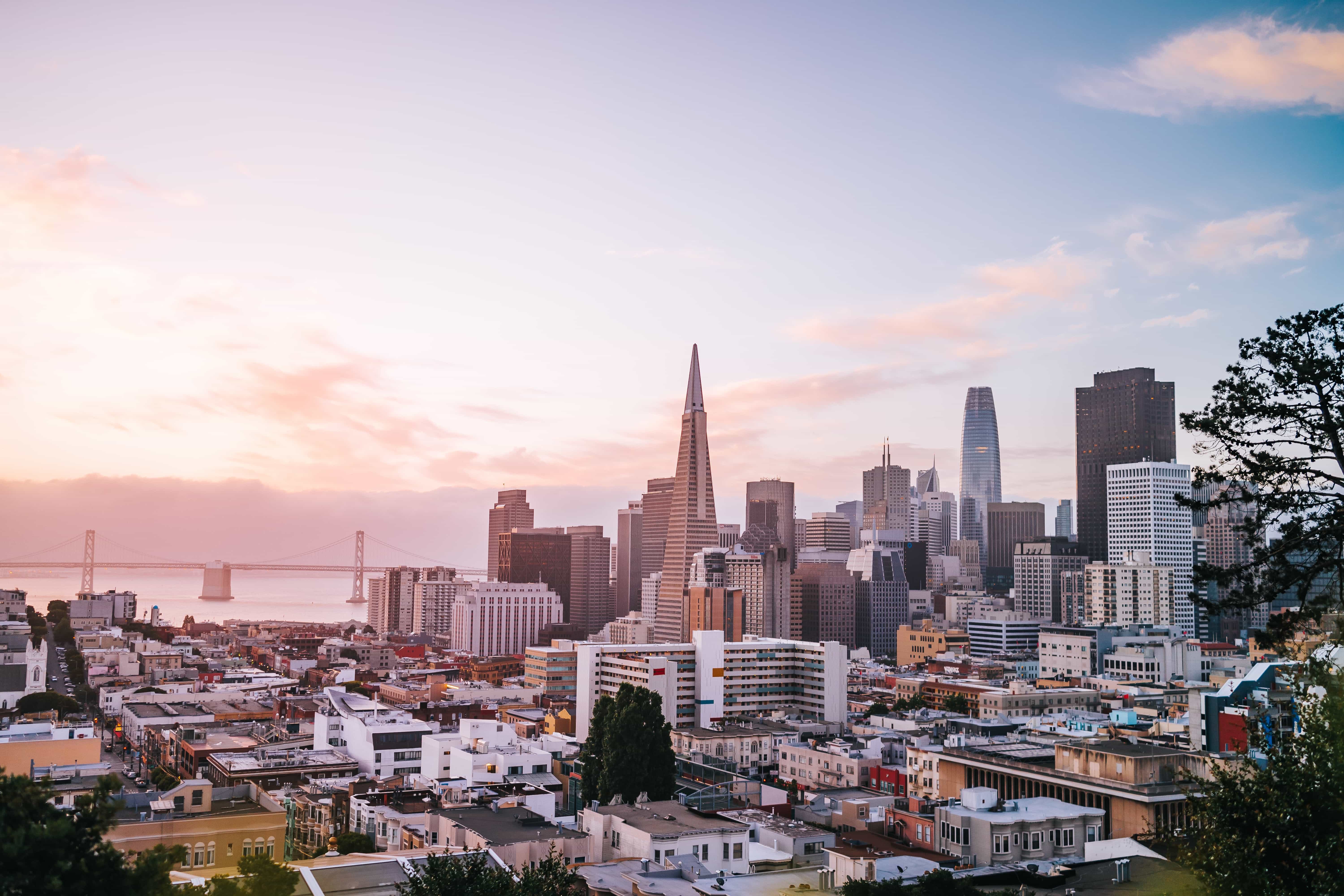 A picture of the Bay Bridge, Transamerica Pyramid, and Salesforce Tower from atop the Valejo Staircase on Russian Hill in San Francisco, California.