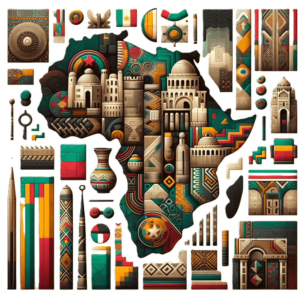 An image of the African continent stylized with colors and architecture representative of the Burkinabè people and surrounding cultures