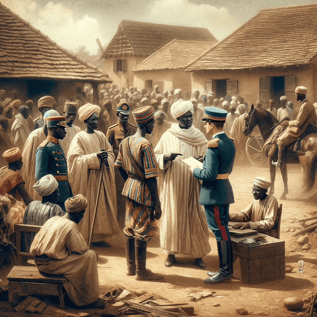 A depiction of French colonial officers communicating with Burkinabè chieftains about the terms of their concessions to colonial authorities.