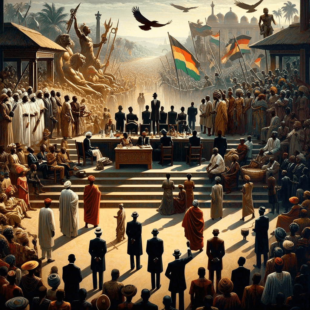 A semi-abstract depiction of various sections of newly post-colonial African society vying for influence for support from a distant masses