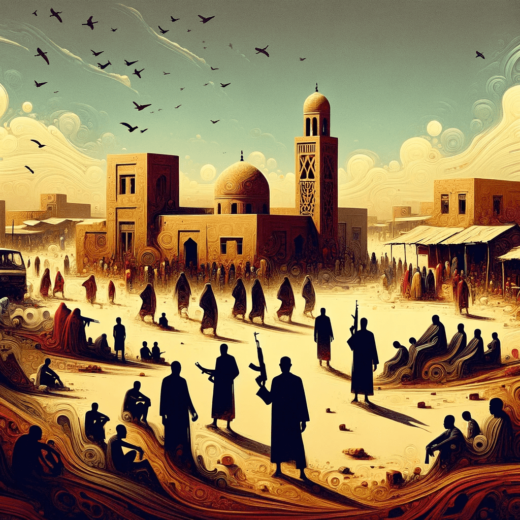 A semi-surrealist depiction of Salafist militants both terrorizing the Burkinabè public and engaging in propaganda efforts for ethnoreligious conversion