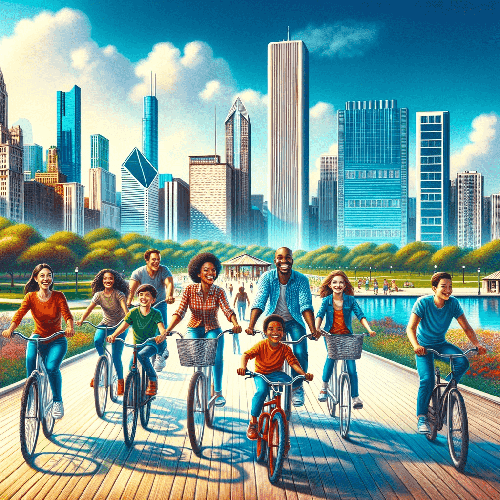 Bicyclists in Chicago's Millenium Park enjoying a ride on a beautiful day