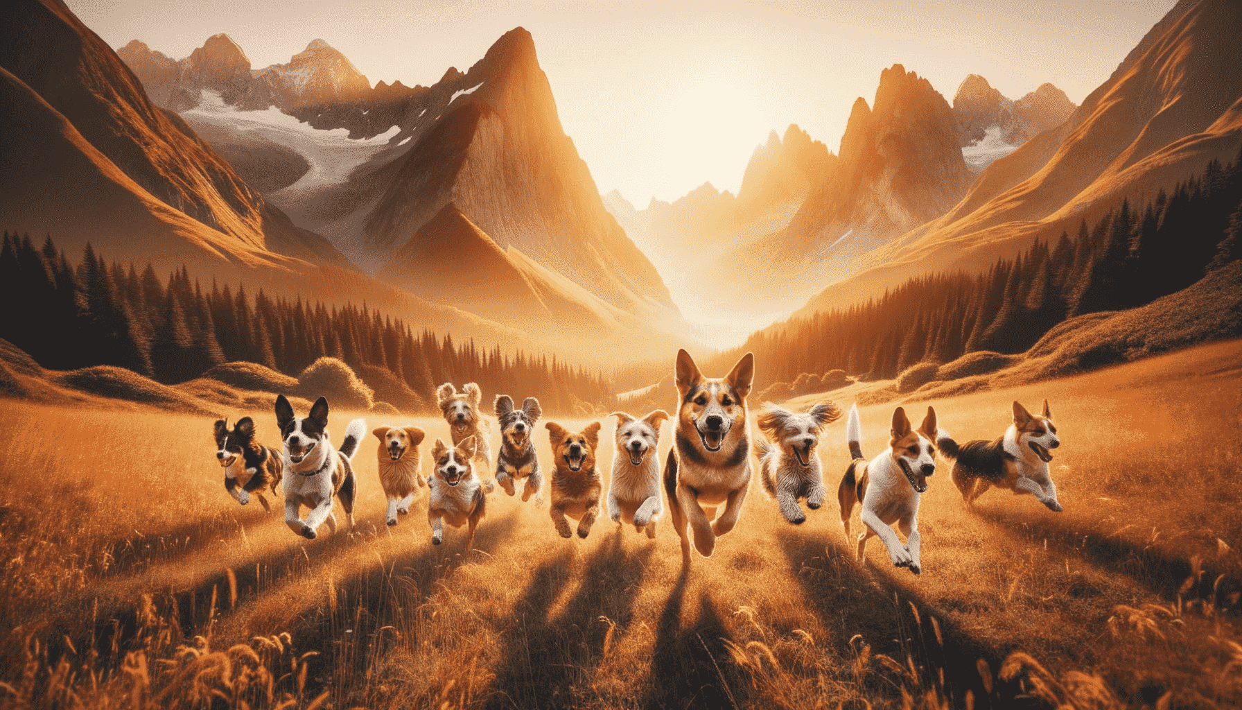 Dogs of all shape and size running to the camera across a golden meadow with majestic mountains in the background at sunset
